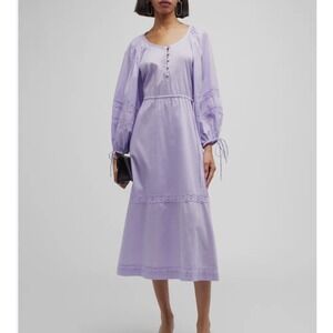 HARSHMAN Women's Purple Long Sleeve Lace Trim Cotton Midi Dress‎ Cottage Sz M